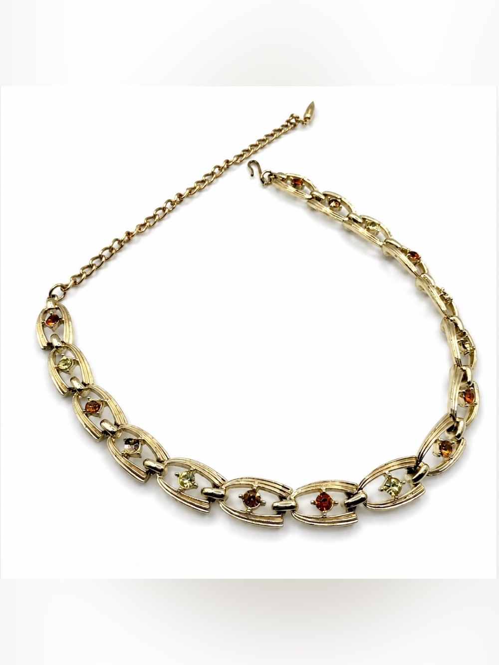 Coro Gold Tone Multi Colored Rhinestone Linked Necklace Vintage Beautiful *Read* - Picture 4 of 11